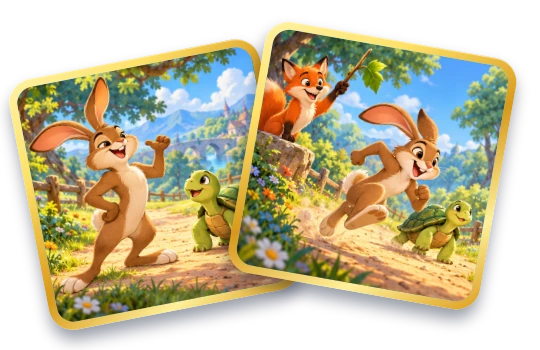 Cartas ilustradas de La liebre y la tortuga, del álbum de fábulas de Fable Match