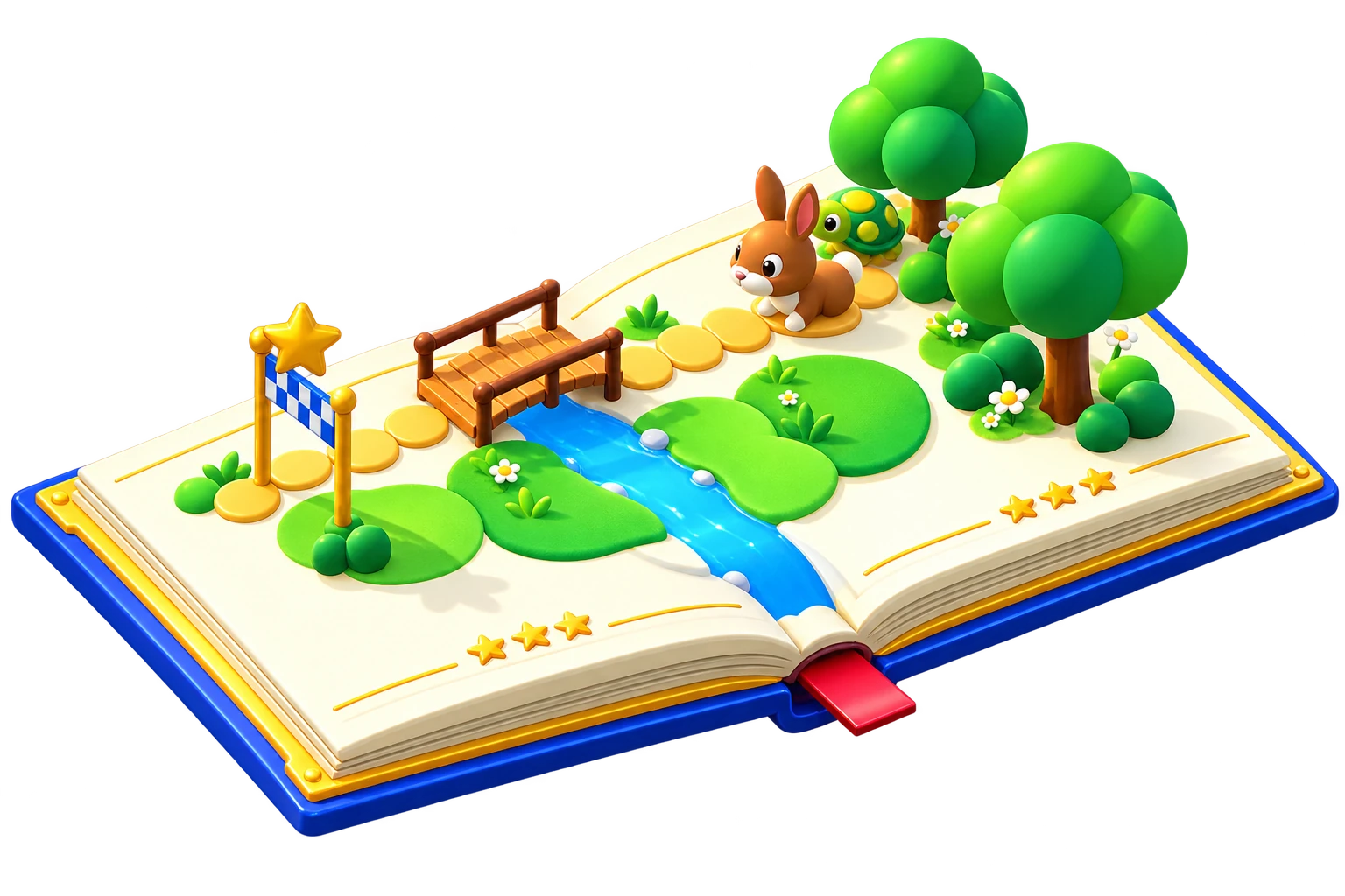 Un libro desplegable con la liebre y la tortuga en un paisaje de cuento
