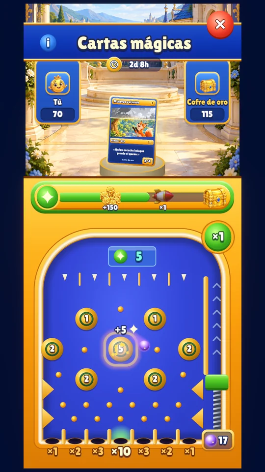 Máquina de Cartas mágicas de Fable Match, con una bola morada, multiplicadores y premios