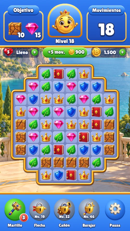 Partida de Fable Match con el tablero lavanda, fichas brillantes y objetivos del nivel 18